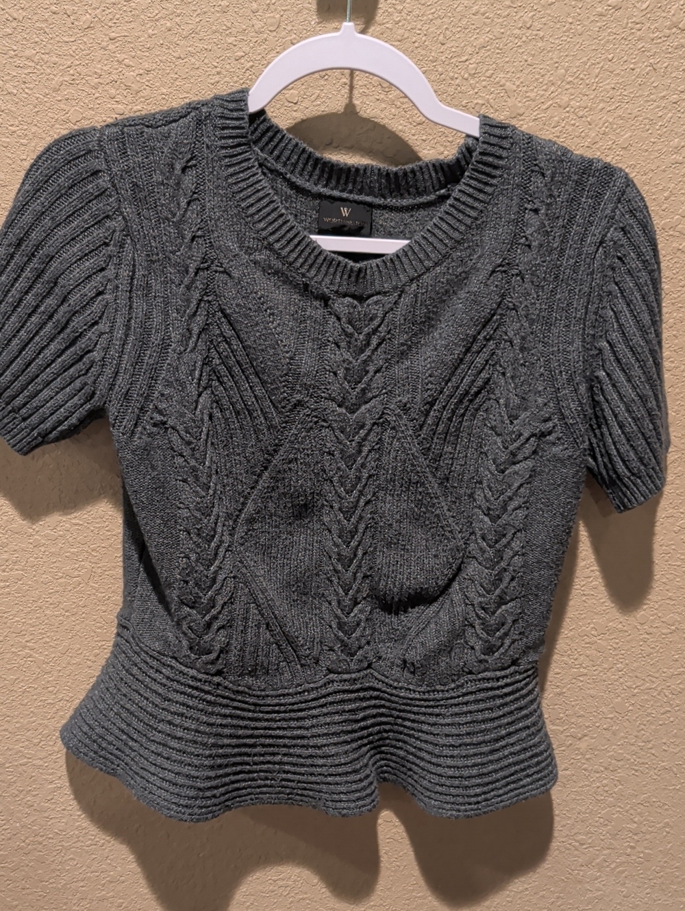 Worthington Charcoal Cable-Knit Scoop Neck Short Sleeve Peplum Sweater